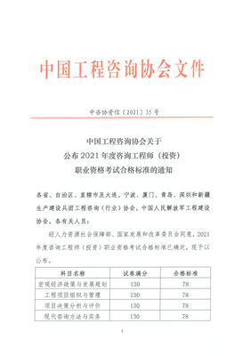2021年咨询工程师（投资）职业资格考试合格标准确定